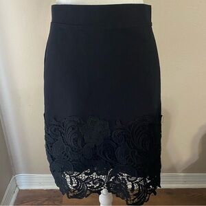 Haute Monde Black Stretch Pencil Skirt Size Large Pull On Floral Lace Hem Midi